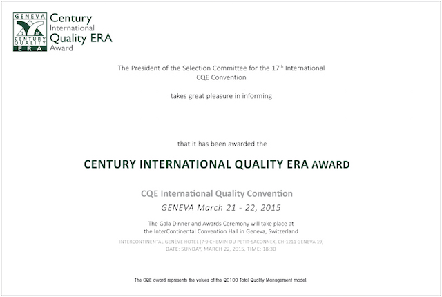 Century Quality International ERA Award at Geneva Mar’15